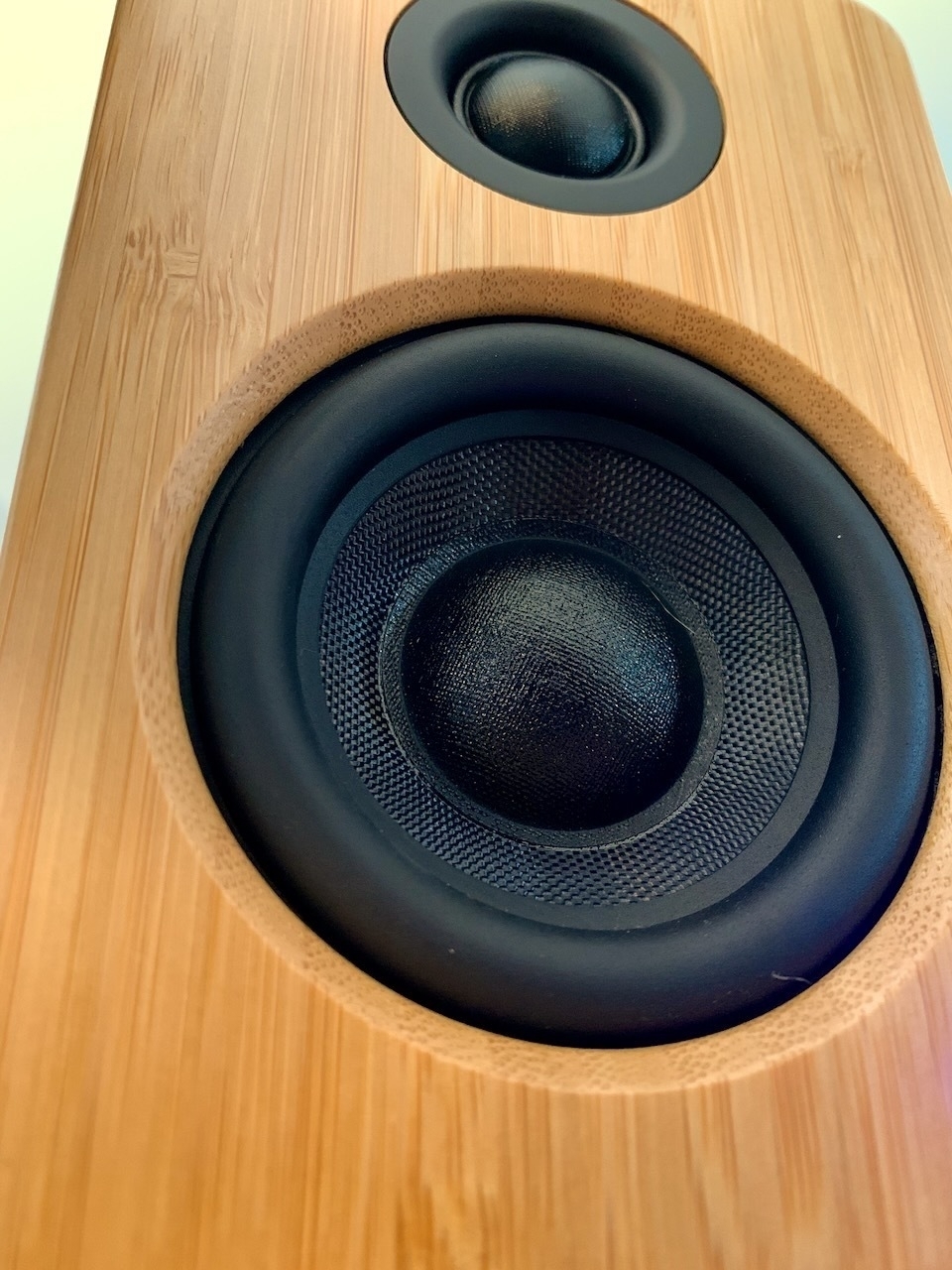 Close-up of a single speaker, with a bamboo cabinet, and a single tweeter and a single woofer visible