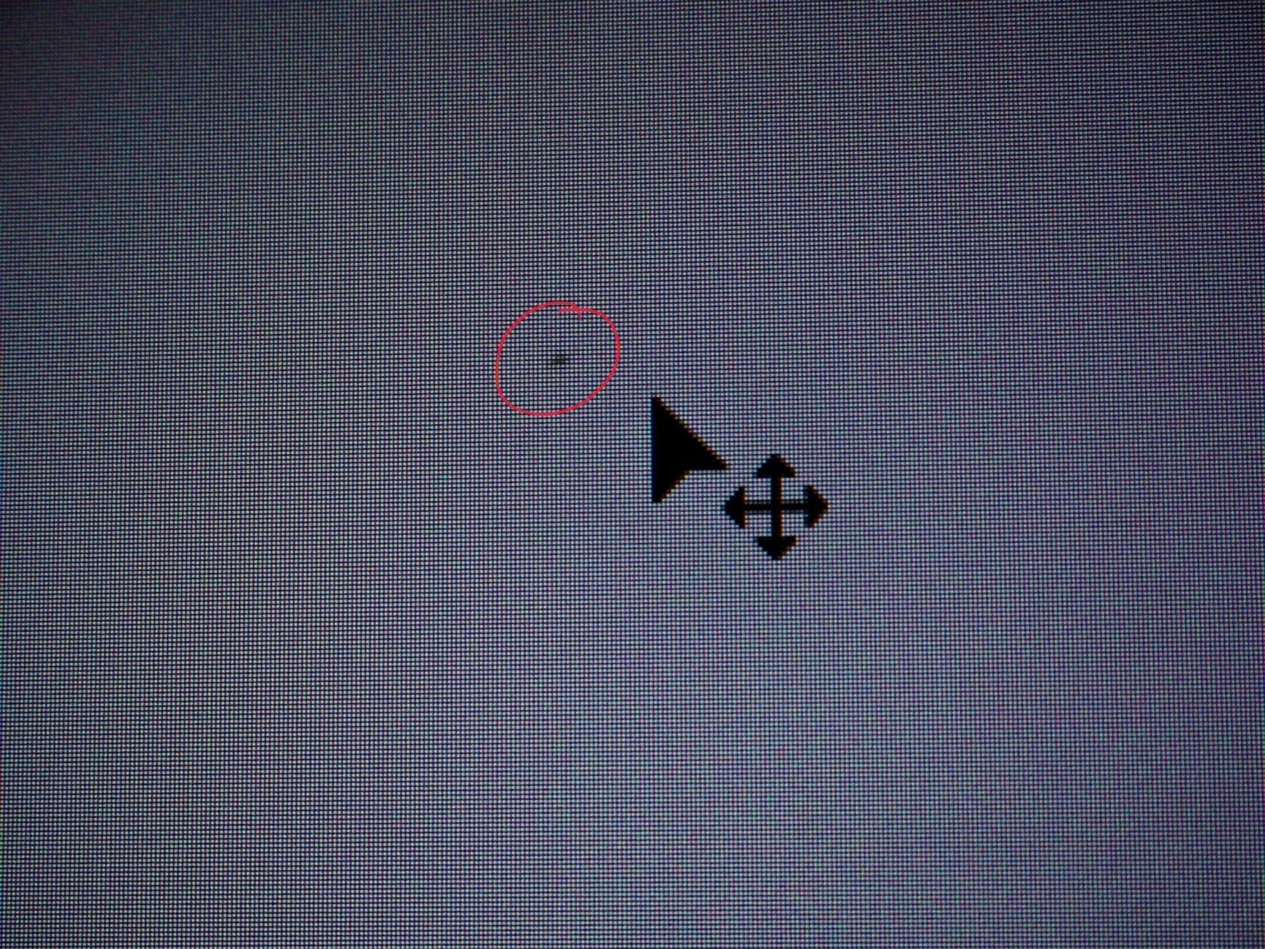 Close-up of a LCD monitor, with an area of dead pixels circled